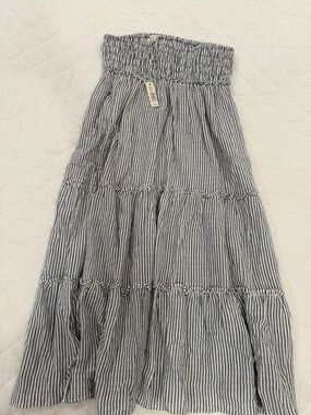 Max Studio Navy and White Striped Tiered Maxi Skirt